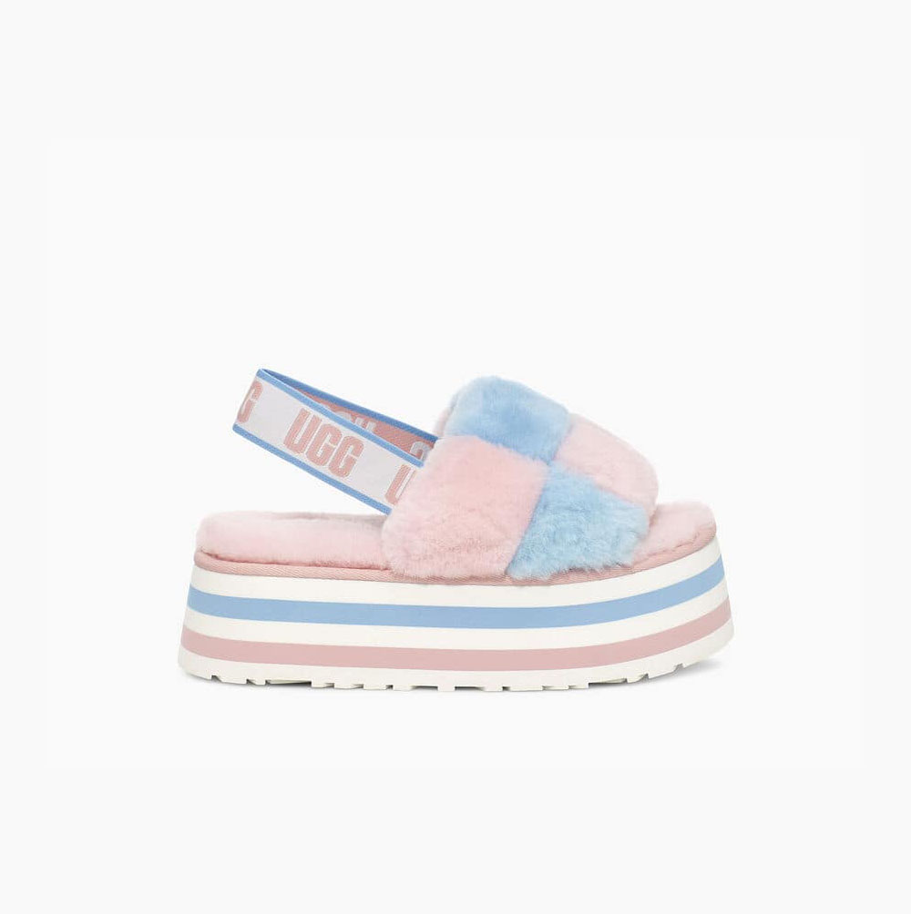 UGG Disco Checker Hausschuhe Plateau Damen Rosa Blau Schweiz | XIGJFXEU