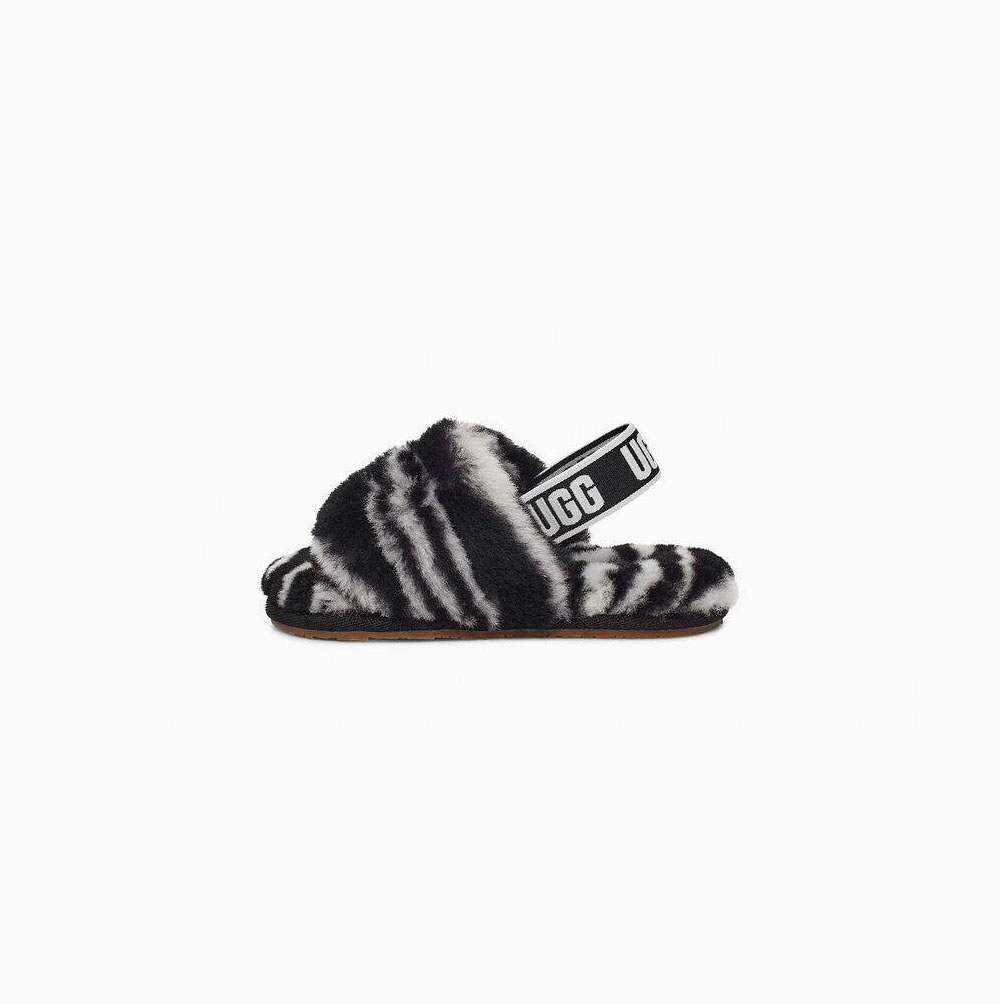 UGG Fluff Yeah Badelatschen Zebra Sandalen Kinder Schwarz Weiß Schweiz | 3BYYOXG8