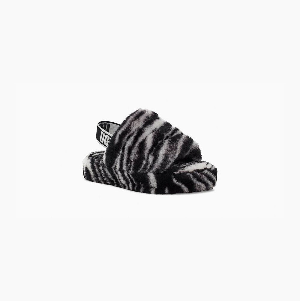 UGG Fluff Yeah Badelatschen Zebra Sandalen Kinder Schwarz Weiß Schweiz | 8K2PY34C