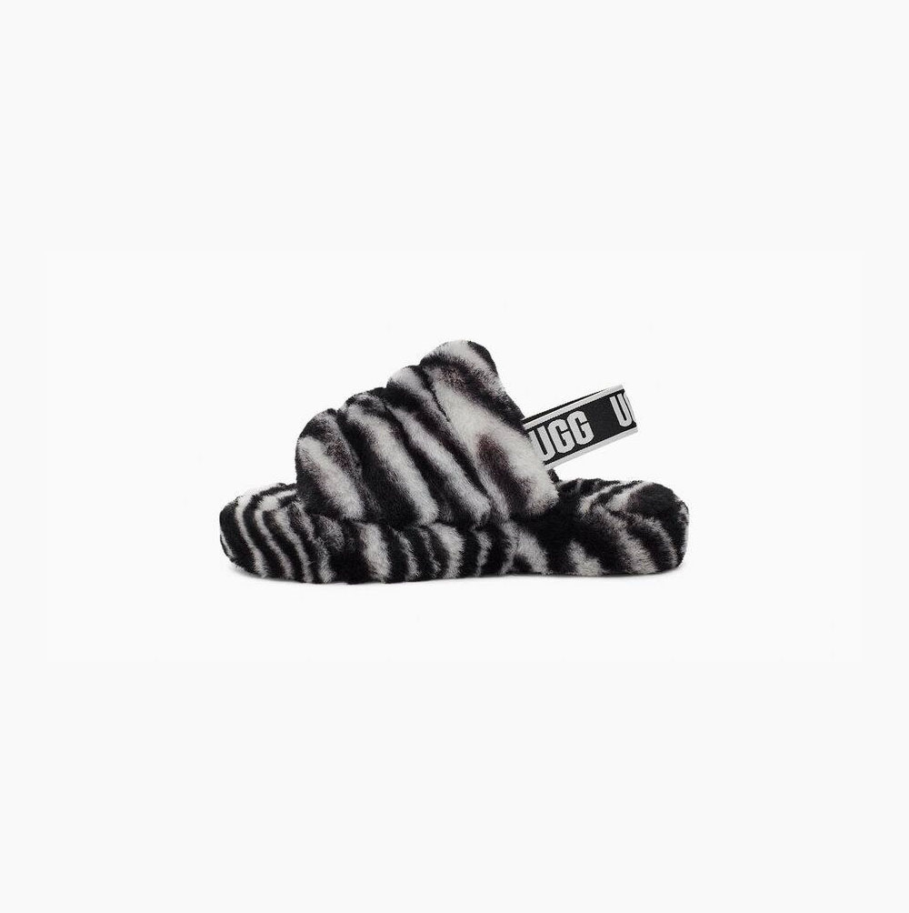 UGG Fluff Yeah Badelatschen Zebra Sandalen Kinder Schwarz Weiß Schweiz | 8K2PY34C