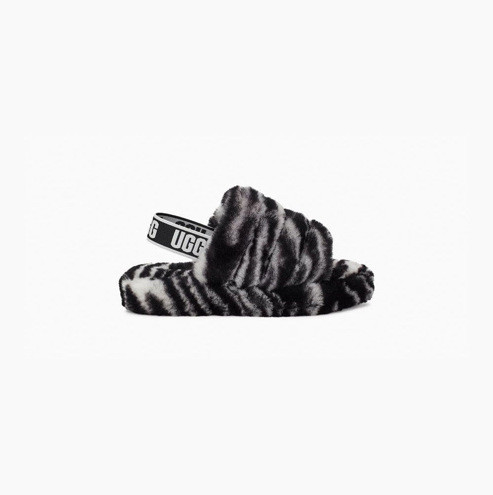 UGG Fluff Yeah Badelatschen Zebra Sandalen Kinder Schwarz Weiß Schweiz | 8K2PY34C