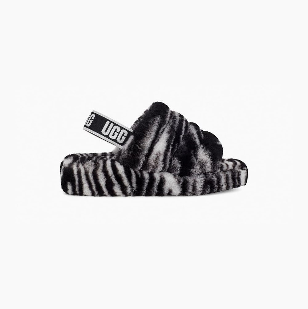 UGG Fluff Yeah Badelatschen Zebra Sandalen Damen Schwarz Weiß Schweiz | XNTM96IS