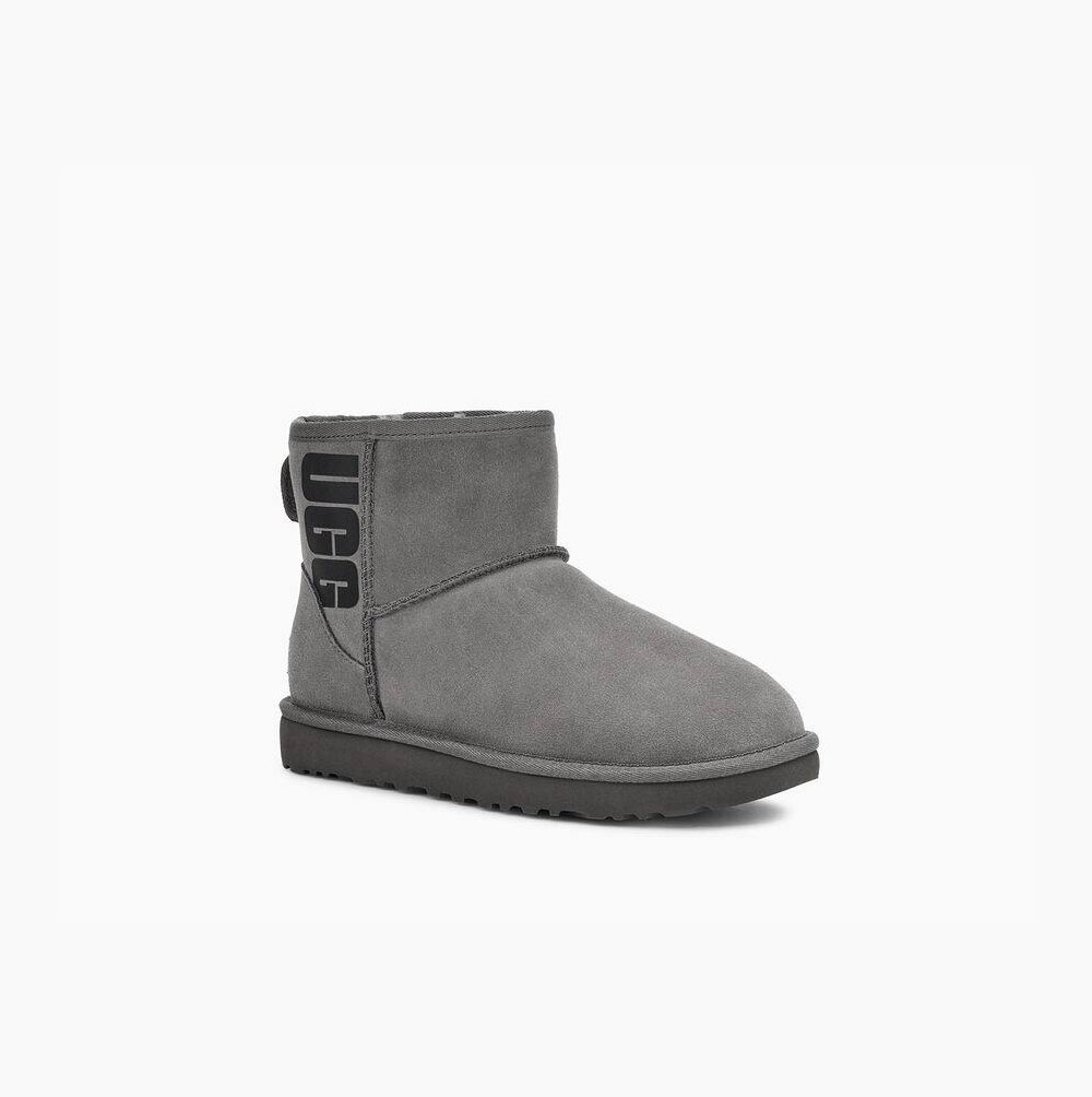 UGG Klassische Mini Rubber Logo Classic Boots Damen Grau Schweiz | 34B7MM3S