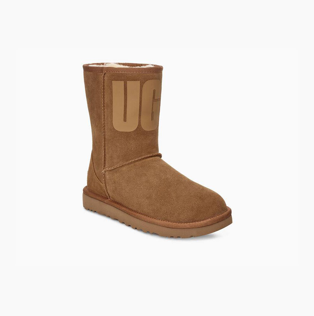 UGG Klassische Rubber Logo Kurze Stiefel Damen Braun Schweiz | 54MJXAAQ