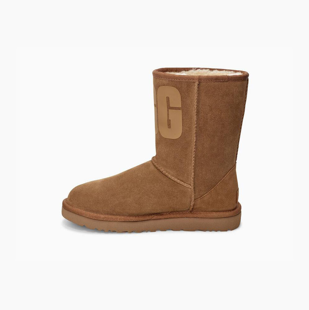 UGG Klassische Rubber Logo Kurze Stiefel Damen Braun Schweiz | 54MJXAAQ