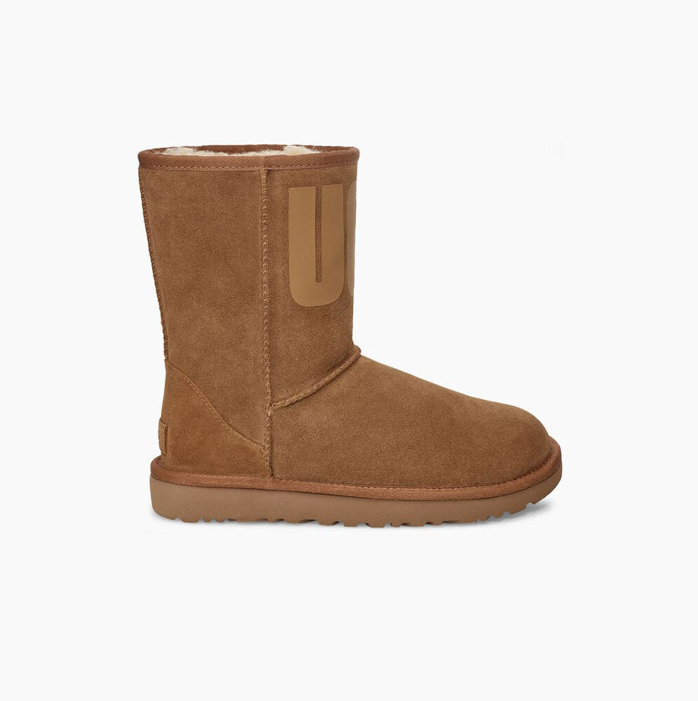 UGG Klassische Rubber Logo Kurze Stiefel Damen Braun Schweiz | 54MJXAAQ