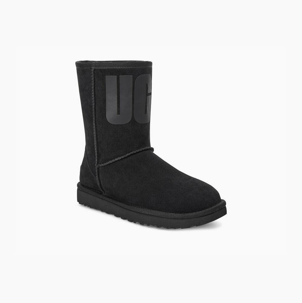 UGG Klassische Rubber Logo Kurze Stiefel Damen Schwarz Schweiz | FBFG1F8L