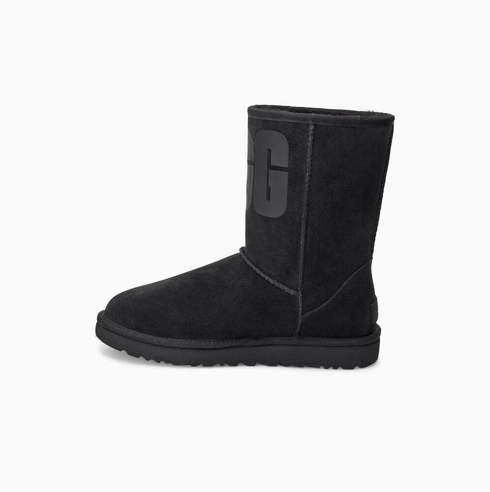 UGG Klassische Rubber Logo Kurze Stiefel Damen Schwarz Schweiz | FBFG1F8L