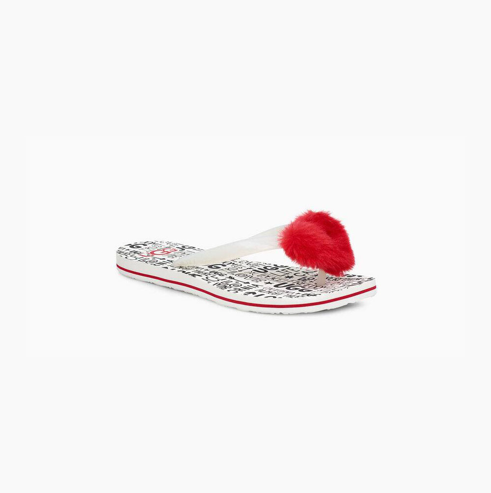 UGG Simi Fluff Manifesto Flip Flops Damen Rot Weiß Schweiz | 0G07QI17