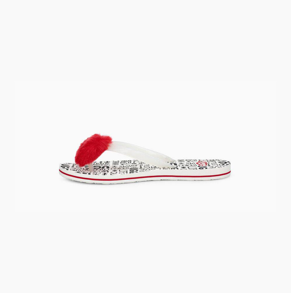 UGG Simi Fluff Manifesto Flip Flops Damen Rot Weiß Schweiz | 0G07QI17