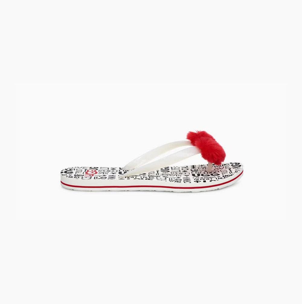 UGG Simi Fluff Manifesto Flip Flops Damen Rot Weiß Schweiz | 0G07QI17