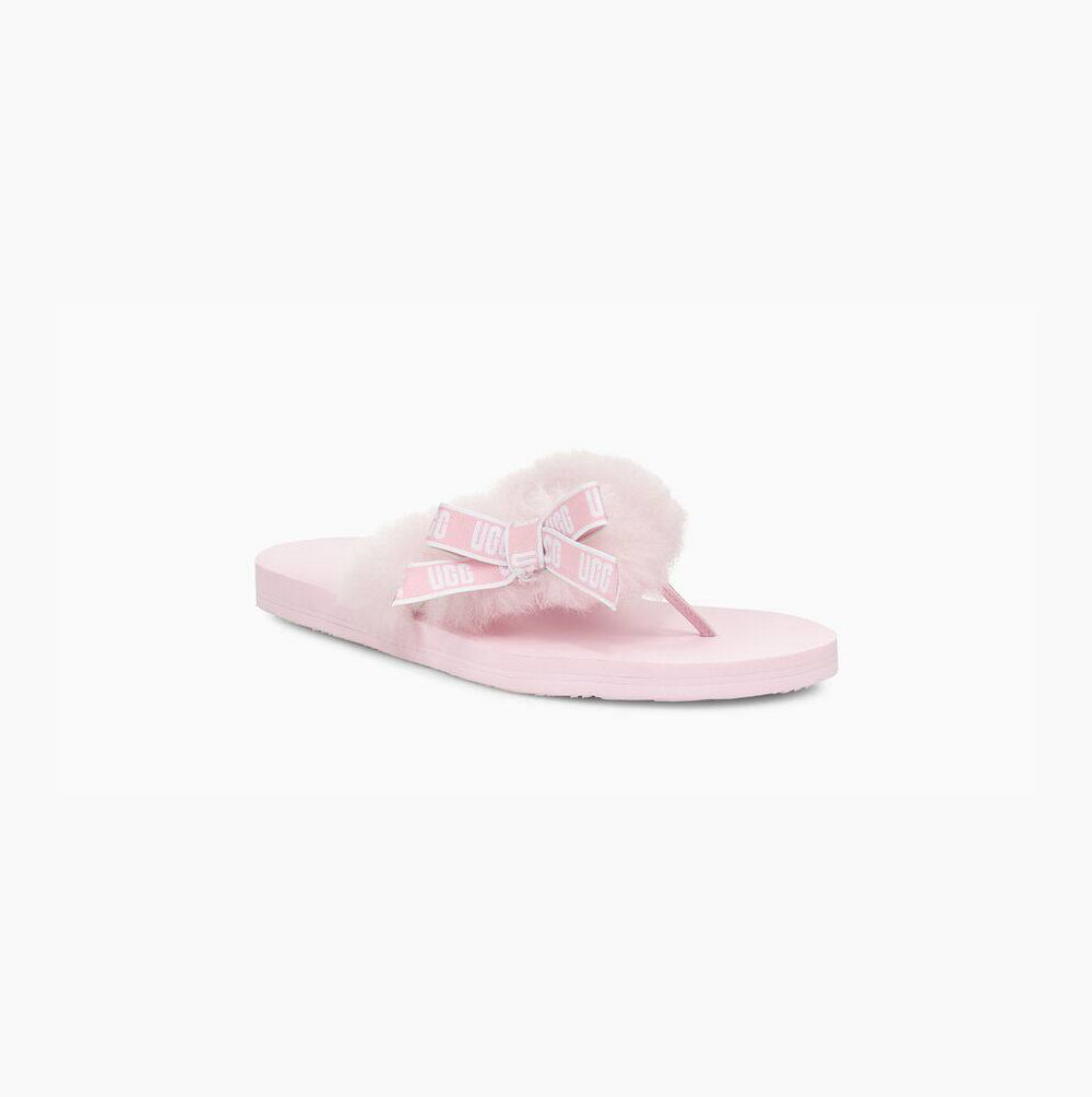 UGG Sunset Graphic Fur Flip Flops Damen Grau Rosa Schweiz | 9QKCS5KQ