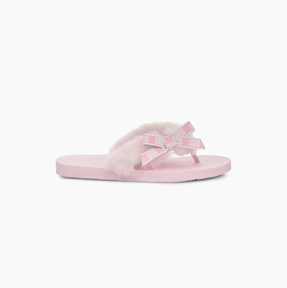 UGG Sunset Graphic Fur Flip Flops Damen Grau Rosa Schweiz | 9QKCS5KQ