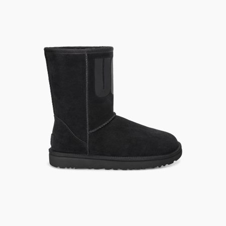 UGG Klassische Rubber Logo Kurze Stiefel Damen Schwarz Schweiz | FBFG1F8L